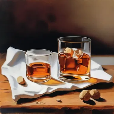 The painter skillfully captured a glass of whiskey on the rocks in his still life composition.
