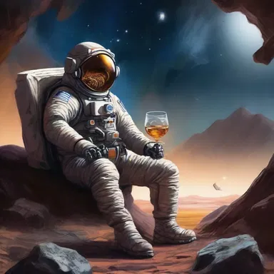 In the distant future, an astronaut enjoys a glass of whiskey on the rocks while exploring undiscovered galaxies.
