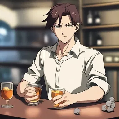 In the anime series, the main character often relaxes with a glass of whisky on the rocks after a long day of battles.
