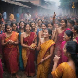 A vibrant celebration scene capturing Janai Purnima, a sacred Nepalese festival, showing people wearing colorful clothes, taking sacred baths, and changing their Janai (sacred thread). The image should also encapsulate the joyful atmosphere among friends and family.