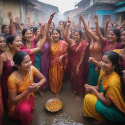 A vibrant celebration scene capturing Janai Purnima, a sacred Nepalese festival, showing people wearing colorful clothes, taking sacred baths, and changing their Janai (sacred thread). The image should also encapsulate the joyful atmosphere among friends and family.