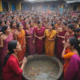 A vibrant celebration scene capturing Janai Purnima, a sacred Nepalese festival, showing people wearing colorful clothes, taking sacred baths, and changing their Janai (sacred thread). The image should also encapsulate the joyful atmosphere among friends and family.