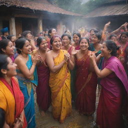 A vibrant celebration scene capturing Janai Purnima, a sacred Nepalese festival, showing people wearing colorful clothes, taking sacred baths, and changing their Janai (sacred thread). The image should also encapsulate the joyful atmosphere among friends and family.