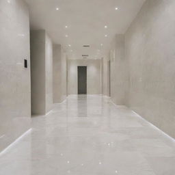 An array of glossy, white marble floor tiles strategically placed, reflecting the ambient lighting