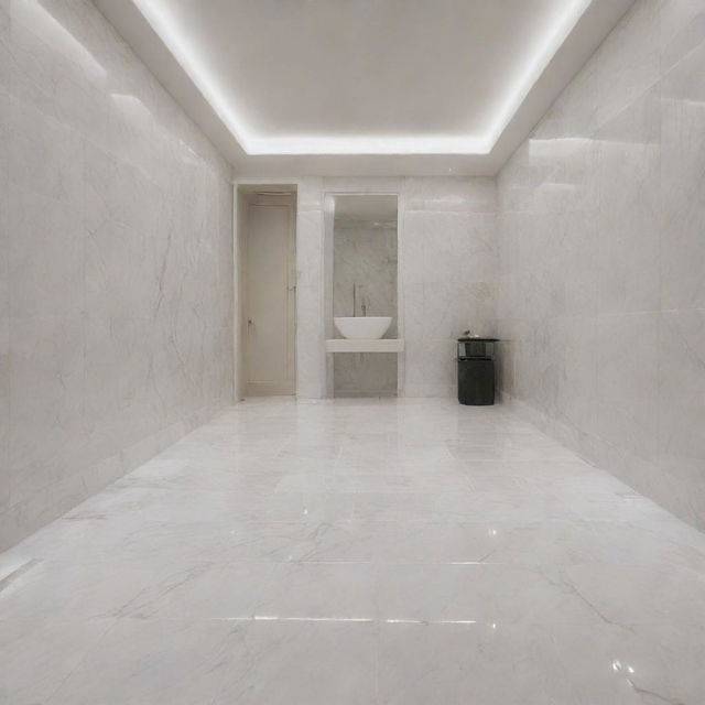 An array of glossy, white marble floor tiles strategically placed, reflecting the ambient lighting