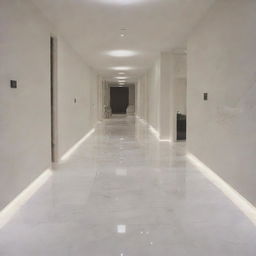 An array of glossy, white marble floor tiles strategically placed, reflecting the ambient lighting