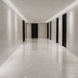 An array of glossy, white marble floor tiles strategically placed, reflecting the ambient lighting