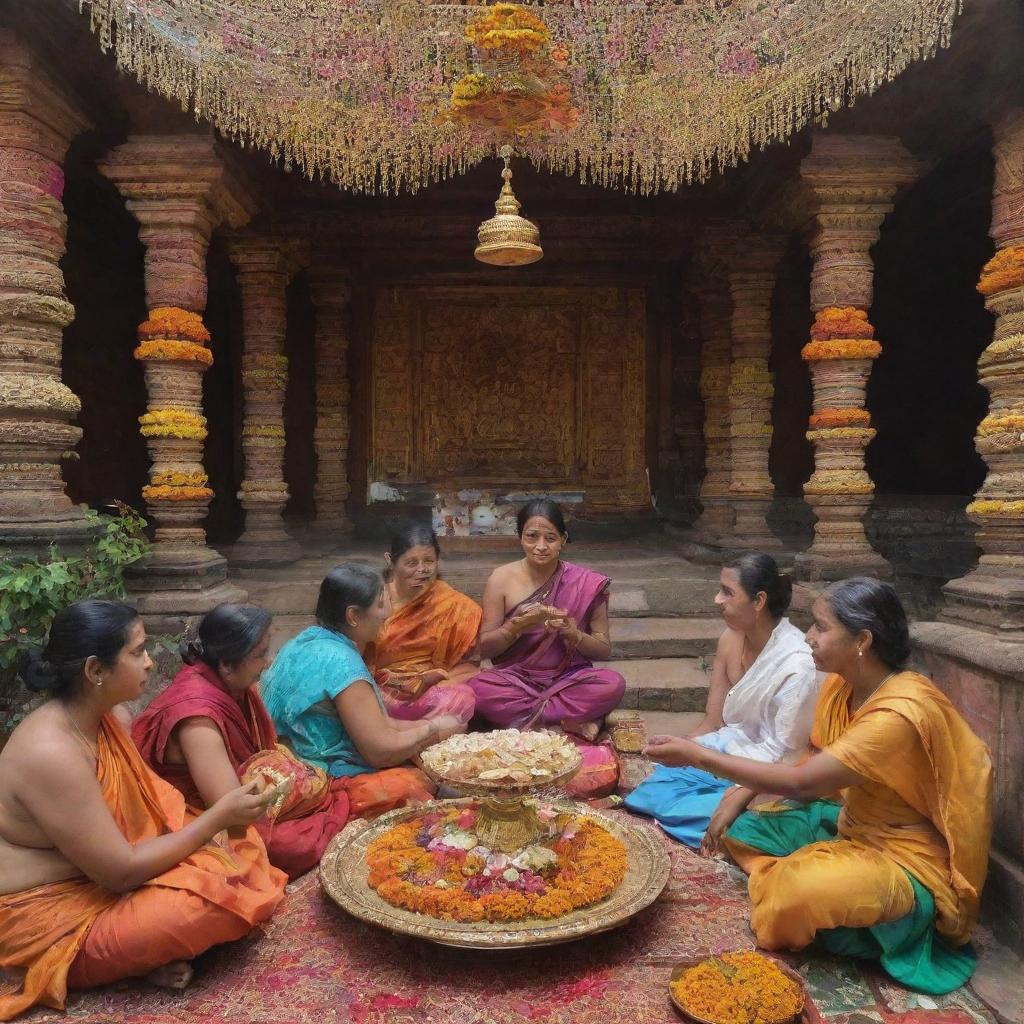 Colorful and festive Janai Purnima celebrations with Brahmins changing their Janai, a holy thread, surrounded by ornate decorations and traditional Nepalese food