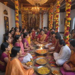 Colorful and festive Janai Purnima celebrations with Brahmins changing their Janai, a holy thread, surrounded by ornate decorations and traditional Nepalese food