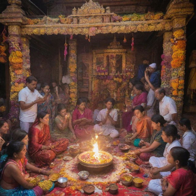 Colorful and festive Janai Purnima celebrations with Brahmins changing their Janai, a holy thread, surrounded by ornate decorations and traditional Nepalese food