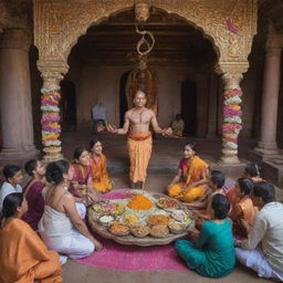 Colorful and festive Janai Purnima celebrations with Brahmins changing their Janai, a holy thread, surrounded by ornate decorations and traditional Nepalese food