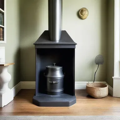 The architect incorporated a vintage coal scuttle as a decorative element in the fireplace design.