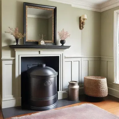 The architect incorporated a vintage coal scuttle as a decorative element in the fireplace design.