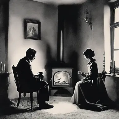 Under the starlit sky, the couple sat near the fireplace, sharing warmth and intimacy, and using the coal scuttle to keep the fire going.