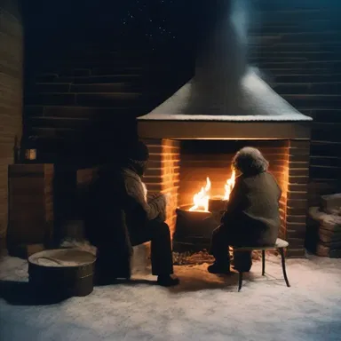 Under the starlit sky, the couple sat near the fireplace, sharing warmth and intimacy, and using the coal scuttle to keep the fire going.