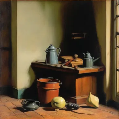 The still-life painting depicted an old-fashioned room, with a coal scuttle resting on the hearth as a symbol of the bygone era.
