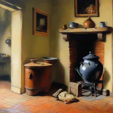 The still-life painting depicted an old-fashioned room, with a coal scuttle resting on the hearth as a symbol of the bygone era.