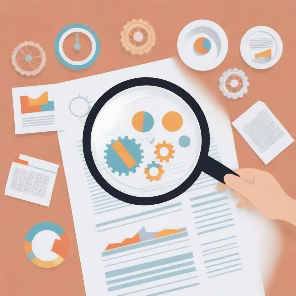 Abstract representation of business testing concept, visualizing elements like charts, graphs, hand with a magnifying glass over a document, and wheels and gears for development and improvement.