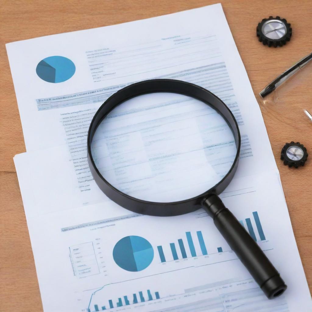 Abstract representation of business testing concept, visualizing elements like charts, graphs, hand with a magnifying glass over a document, and wheels and gears for development and improvement.