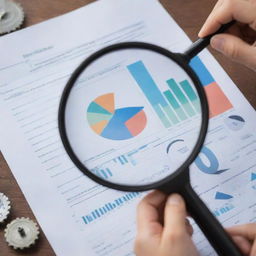 Abstract representation of business testing concept, visualizing elements like charts, graphs, hand with a magnifying glass over a document, and wheels and gears for development and improvement.