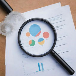 Abstract representation of business testing concept, visualizing elements like charts, graphs, hand with a magnifying glass over a document, and wheels and gears for development and improvement.