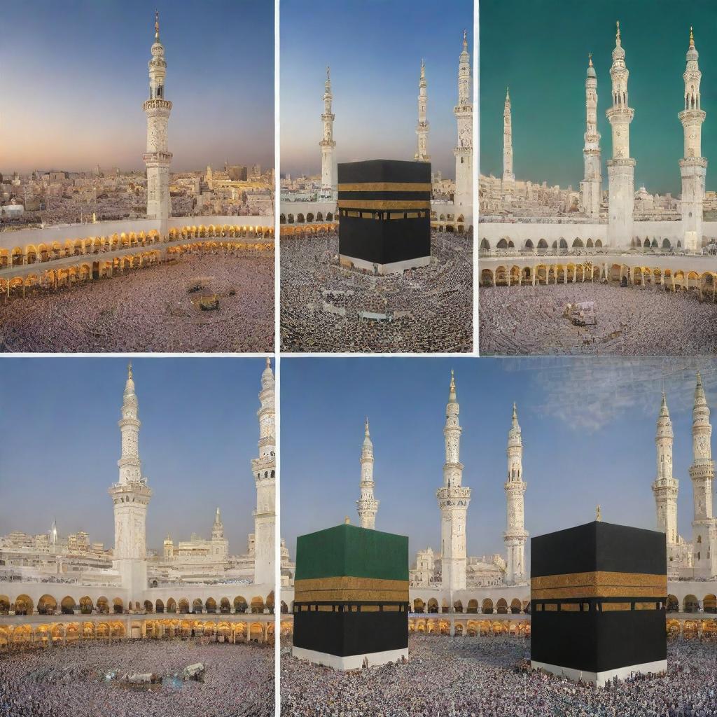 Create a vibrant and appealing montage of four separate images. Each representing Makkah, Madinah, Azizia, and Hajj performance respectively, with corresponding text above them. Focus on intricate architecture, cultural elements, and the lively atmosphere.