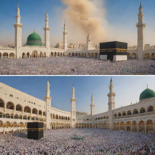 Create a vibrant and appealing montage of four separate images. Each representing Makkah, Madinah, Azizia, and Hajj performance respectively, with corresponding text above them. Focus on intricate architecture, cultural elements, and the lively atmosphere.