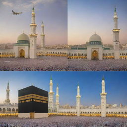 Create a vibrant and appealing montage of four separate images. Each representing Makkah, Madinah, Azizia, and Hajj performance respectively, with corresponding text above them. Focus on intricate architecture, cultural elements, and the lively atmosphere.