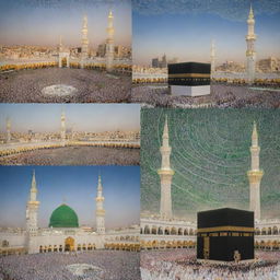 Create a vibrant and appealing montage of four separate images. Each representing Makkah, Madinah, Azizia, and Hajj performance respectively, with corresponding text above them. Focus on intricate architecture, cultural elements, and the lively atmosphere.