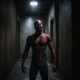 A terrifying depiction of Spiderman in a dark, eerie setting.