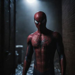 A terrifying depiction of Spiderman in a dark, eerie setting.