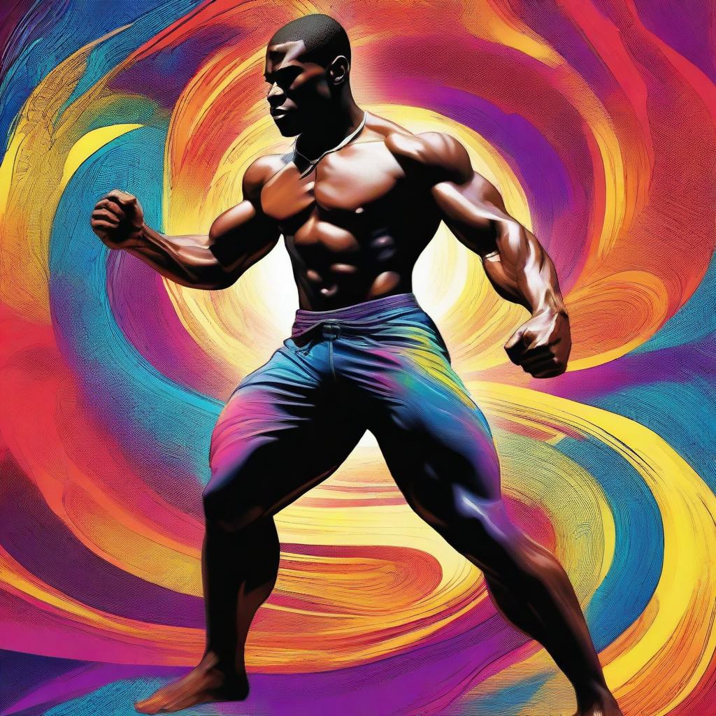 A dynamic digital art piece featuring a strong, black man in a power stance, his muscles flexed as he prepares to strike