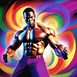 A dynamic digital art piece featuring a strong, black man in a power stance, his muscles flexed as he prepares to strike