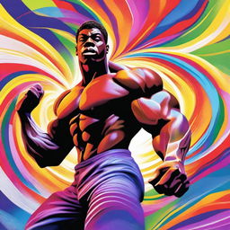 A dynamic digital art piece featuring a strong, black man in a power stance, his muscles flexed as he prepares to strike