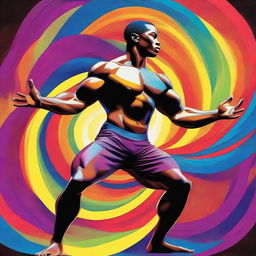 A dynamic digital art piece featuring a strong, black man in a power stance, his muscles flexed as he prepares to strike