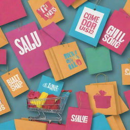 Design an inviting, energetic shopping poster with bold text that says, 'Come Shop With Us!', surrounded by eye-catching graphics like shopping carts, vibrant sale tags, and wrapped gifts.