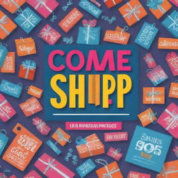 Design an inviting, energetic shopping poster with bold text that says, 'Come Shop With Us!', surrounded by eye-catching graphics like shopping carts, vibrant sale tags, and wrapped gifts.