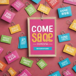 Design an inviting, energetic shopping poster with bold text that says, 'Come Shop With Us!', surrounded by eye-catching graphics like shopping carts, vibrant sale tags, and wrapped gifts.