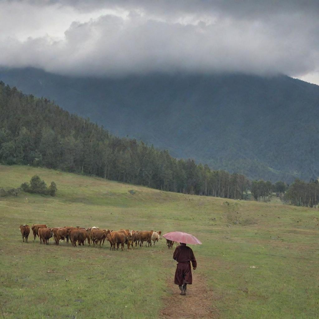 A Bhutanese man walking behind his cattle under a cloudy sky, sheltering under a hazel-colored umbrella