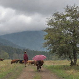 A Bhutanese man walking behind his cattle under a cloudy sky, sheltering under a hazel-colored umbrella