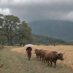 A Bhutanese man walking behind his cattle under a cloudy sky, sheltering under a hazel-colored umbrella