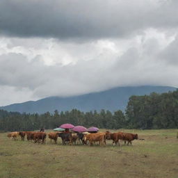 A Bhutanese man walking behind his cattle under a cloudy sky, sheltering under a hazel-colored umbrella