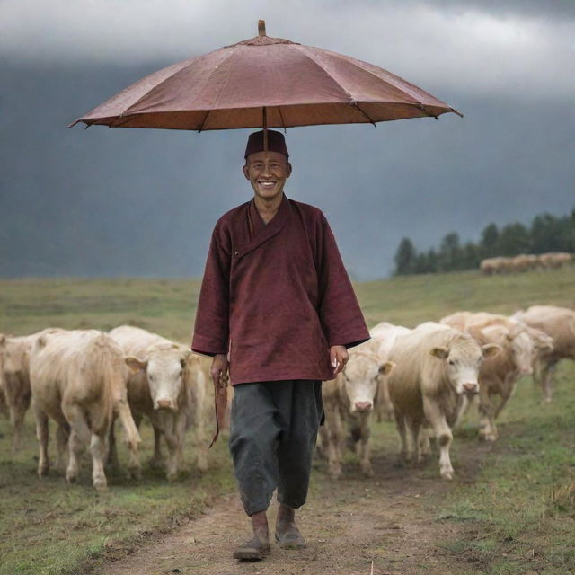 A smiling Bhutanese man walking behind his cattle under a cloudy sky, taking cover under a hazel-colored umbrella