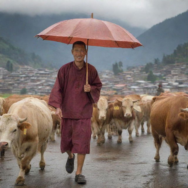 A smiling Bhutanese man, with a hazel-colored umbrella, moving behind his cattle through a bustling Bhutanese city under a cloudy sky