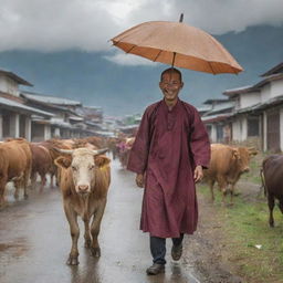 A smiling Bhutanese man, with a hazel-colored umbrella, moving behind his cattle through a bustling Bhutanese city under a cloudy sky