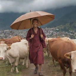 A smiling Bhutanese man, with a hazel-colored umbrella, moving behind his cattle through a bustling Bhutanese city under a cloudy sky