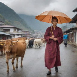 A smiling Bhutanese man, with a hazel-colored umbrella, moving behind his cattle through a bustling Bhutanese city under a cloudy sky