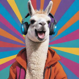 A lama joyfully listening to music in a vibrant comic book style world.