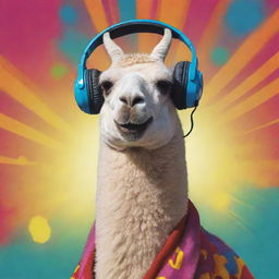 A lama joyfully listening to music in a vibrant comic book style world.