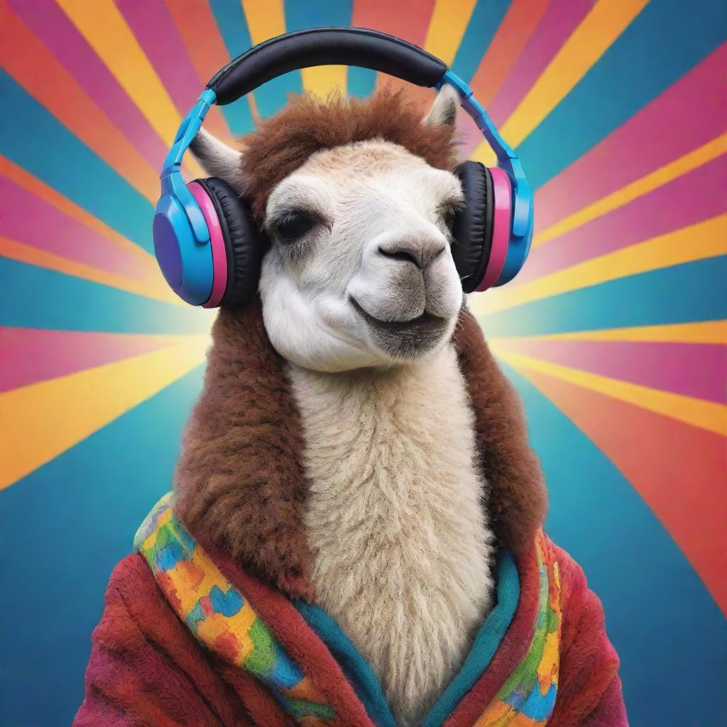 A lama joyfully listening to music in a vibrant comic book style world.